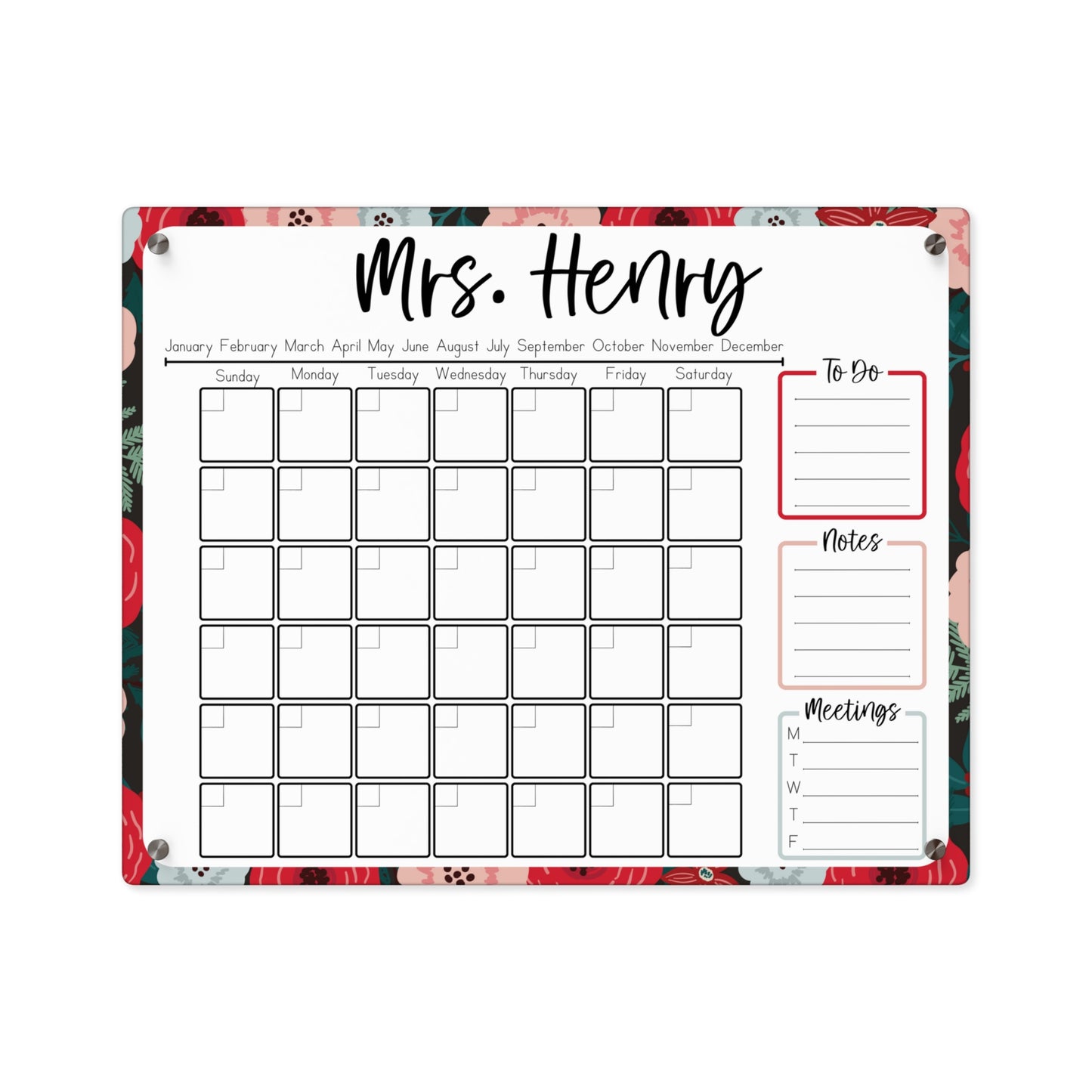 Winter Floral Custom Acrylic Wall Calendar (20 x 16)