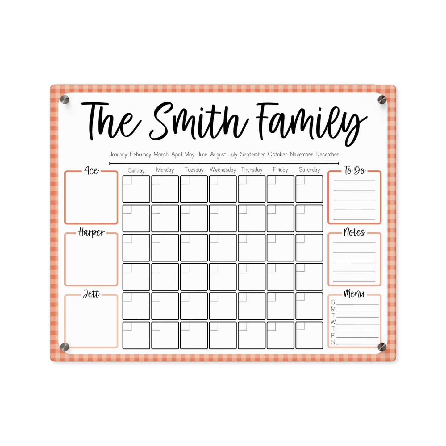 Tangerine Gingham Custom Acrylic Wall Calendar (20 x 16)