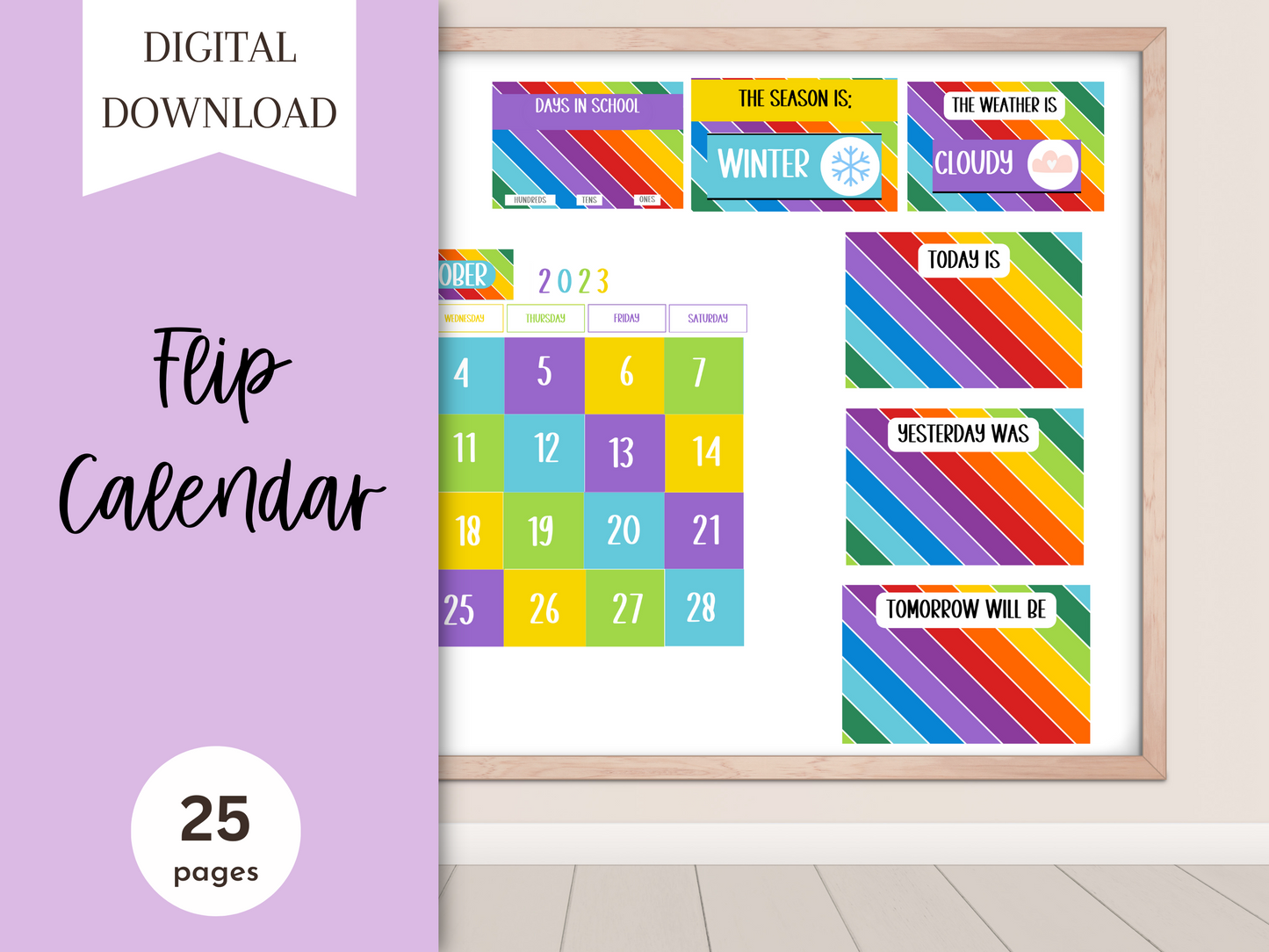 Bright Rainbow Stripe Classroom Flip Calendar