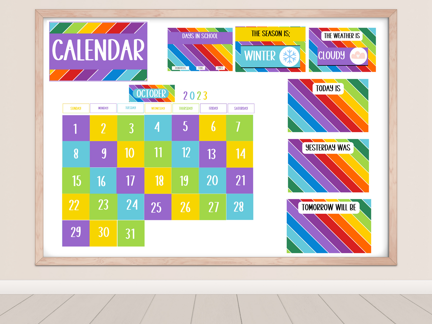 Bright Rainbow Stripe Classroom Flip Calendar