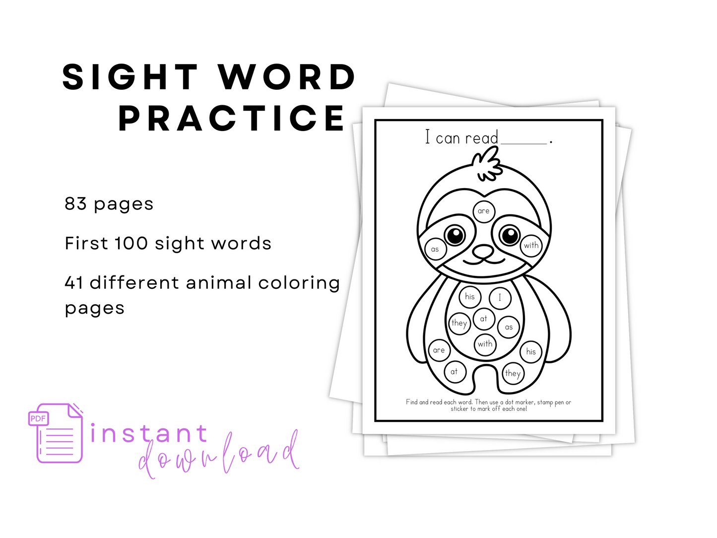 Dot Marker Reading Practice Coloring Pages | First 100 Sight Words