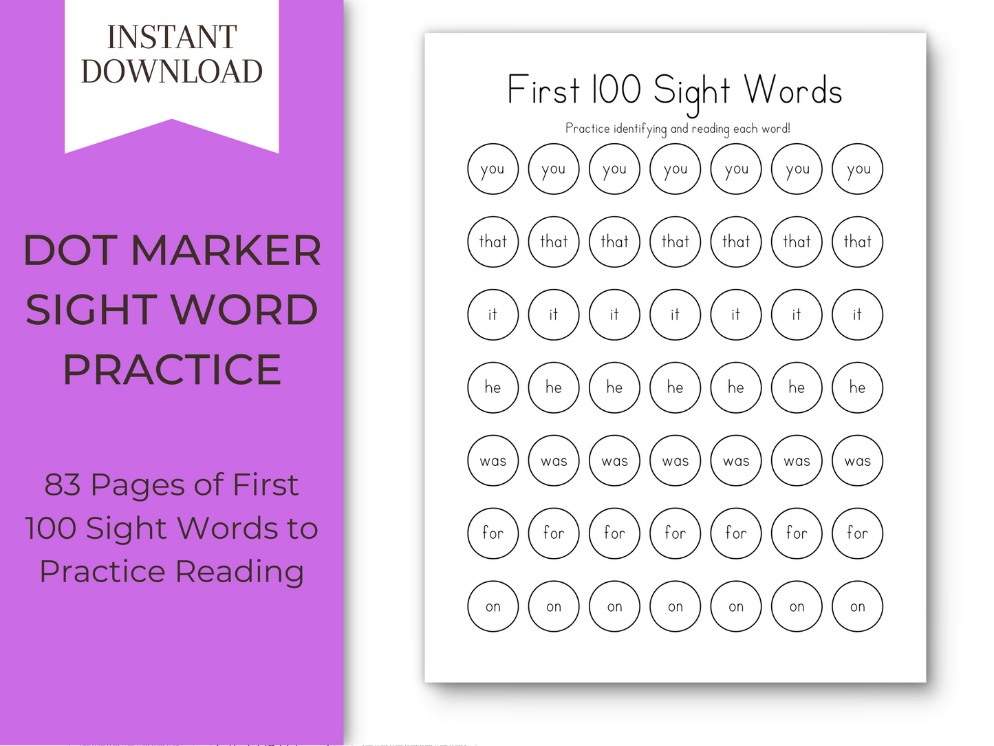 Dot Marker Reading Practice Coloring Pages | First 100 Sight Words