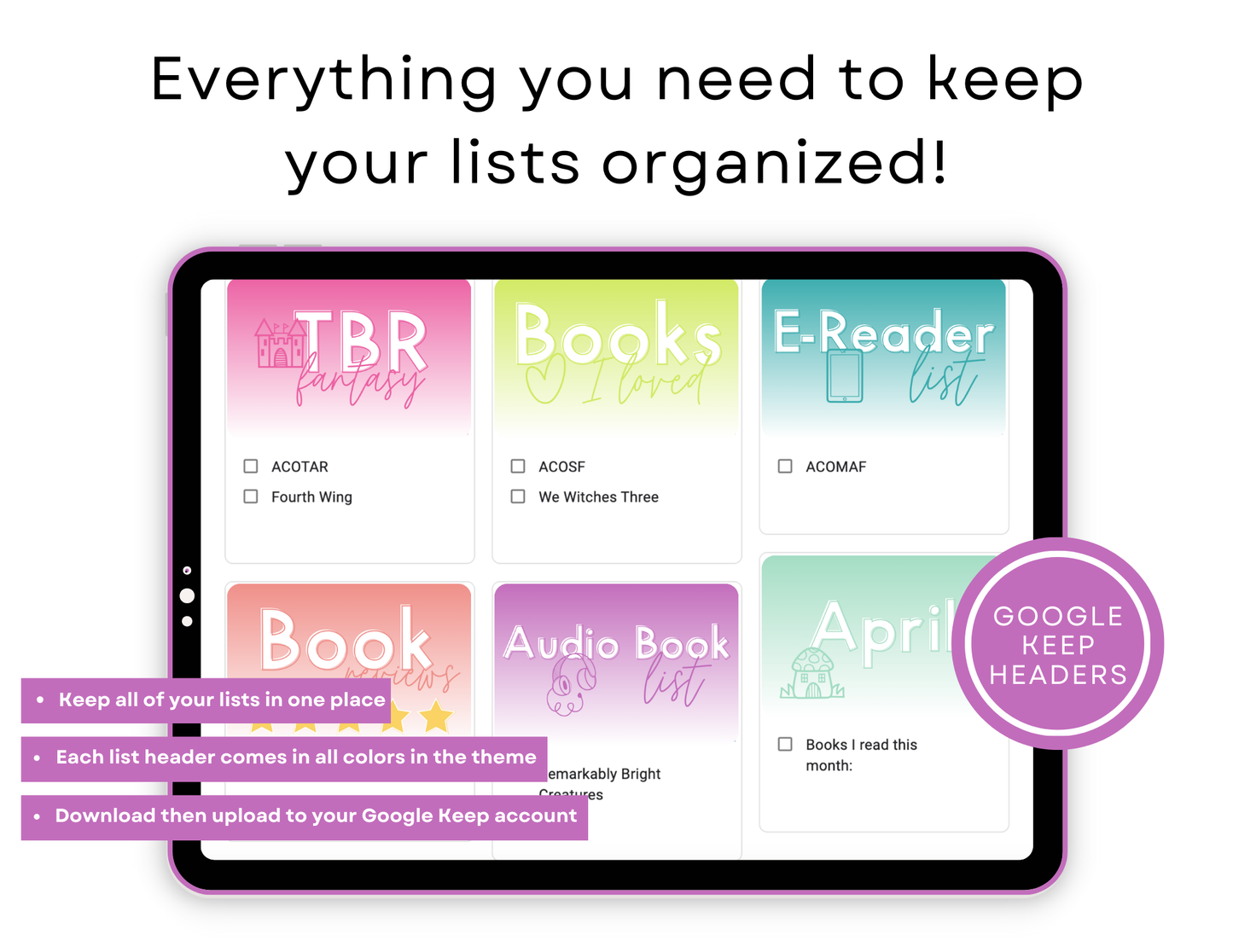 550 Google Keep Headers for Readers | Ombre Bright Colors
