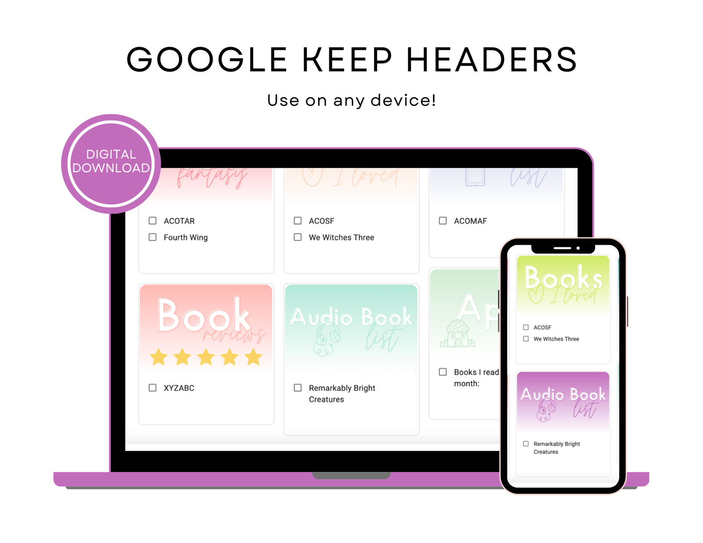 550 Google Keep Headers for Readers | Ombre Bright Colors