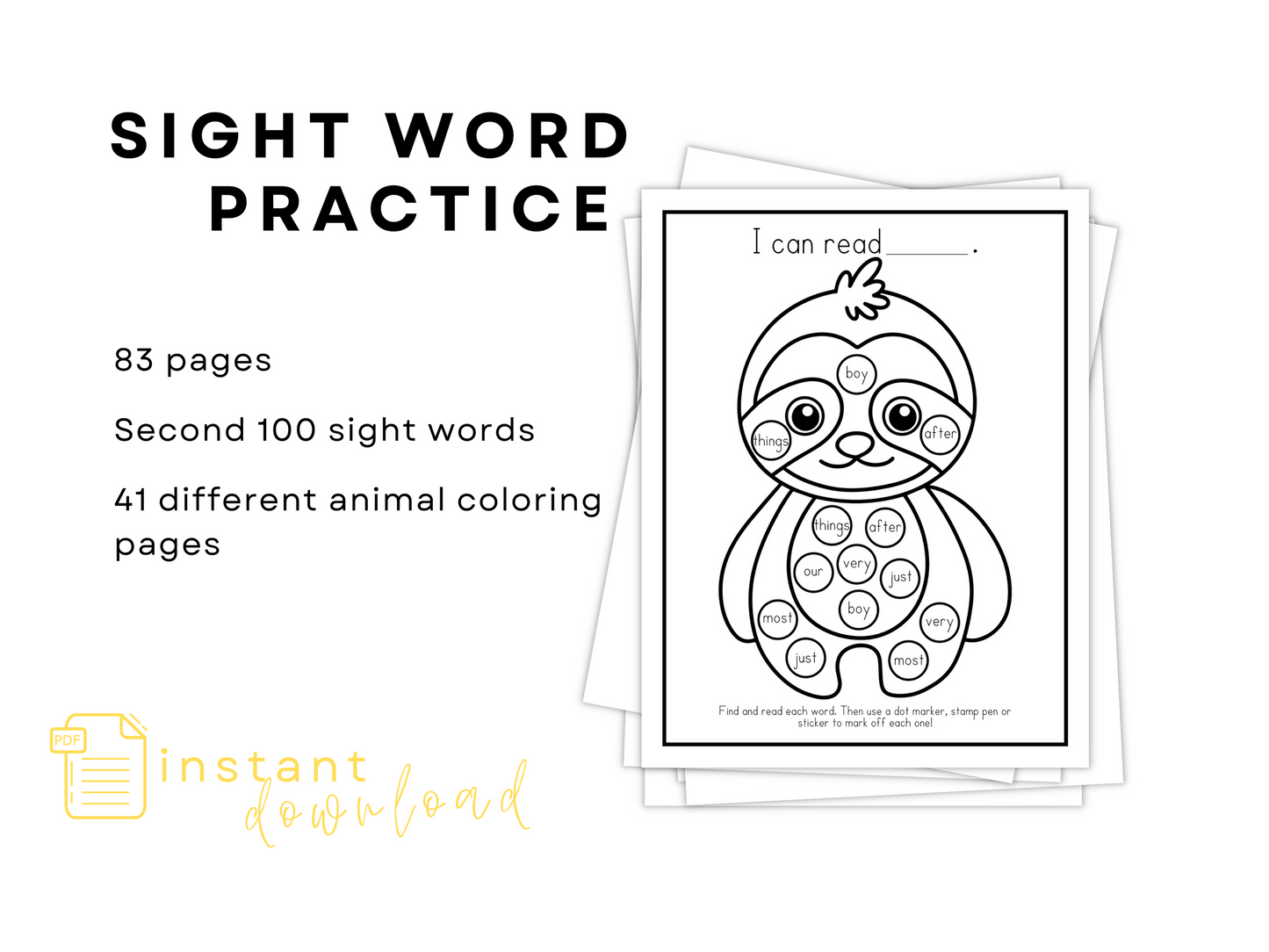 Dot Marker Reading Practice Coloring Pages | Second 100 Sight Words