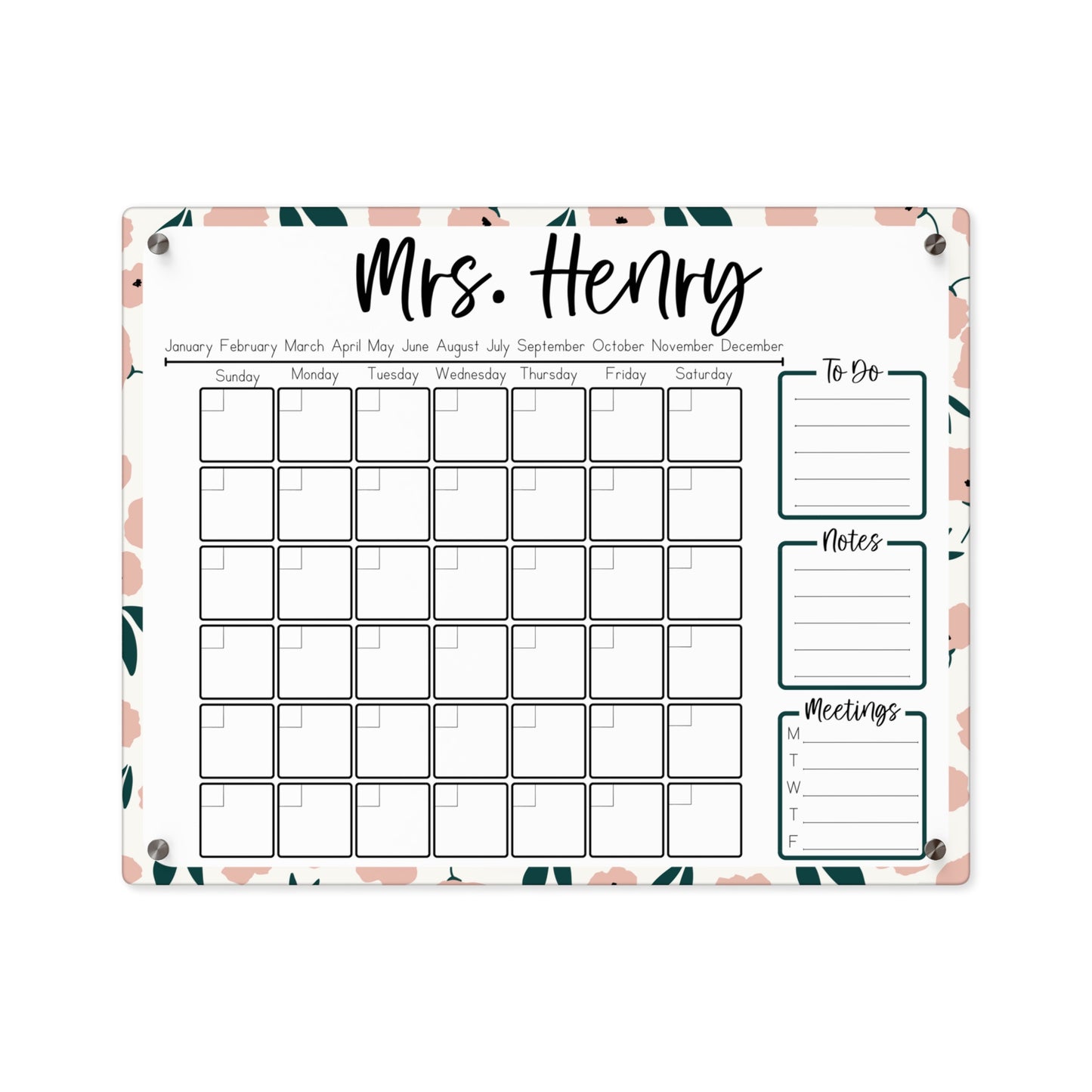 Blush Floral Custom Acrylic Wall Calendar (20 x 16)