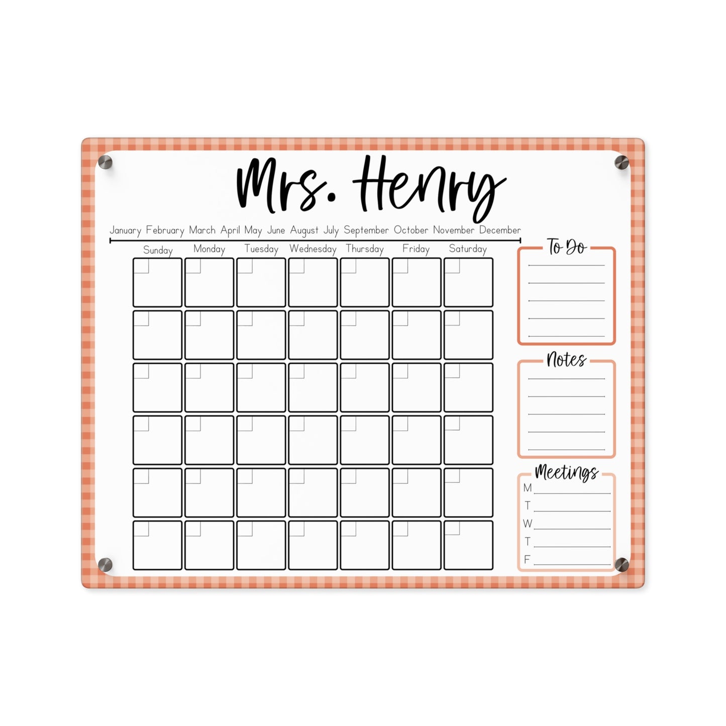 Tangerine Gingham Custom Acrylic Wall Calendar (20 x 16)