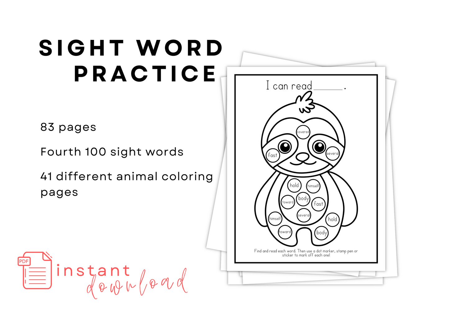 Dot Marker Reading Practice Coloring Pages | Fourth 100 Sight Words