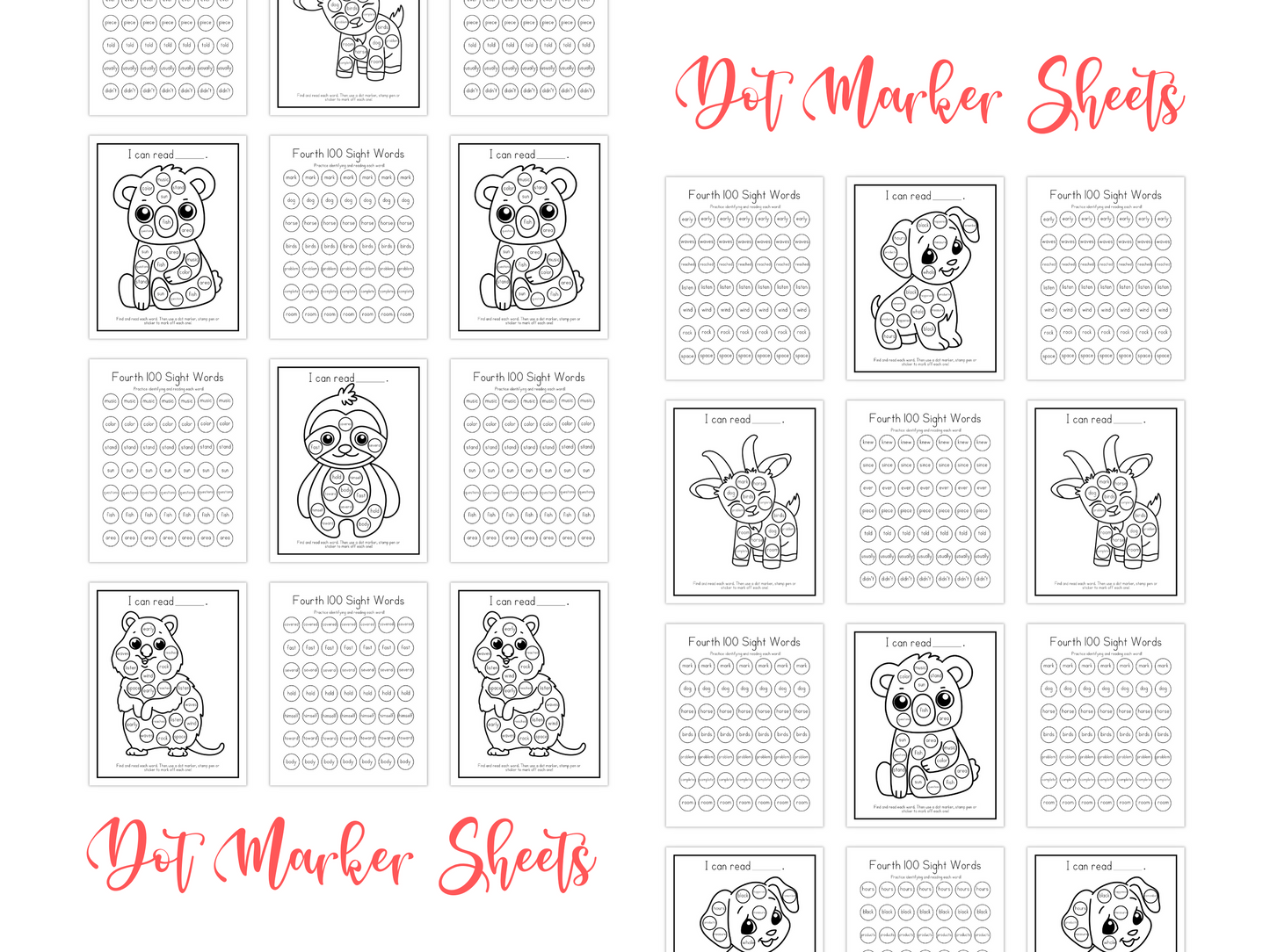 Dot Marker Reading Practice Coloring Pages | Fourth 100 Sight Words