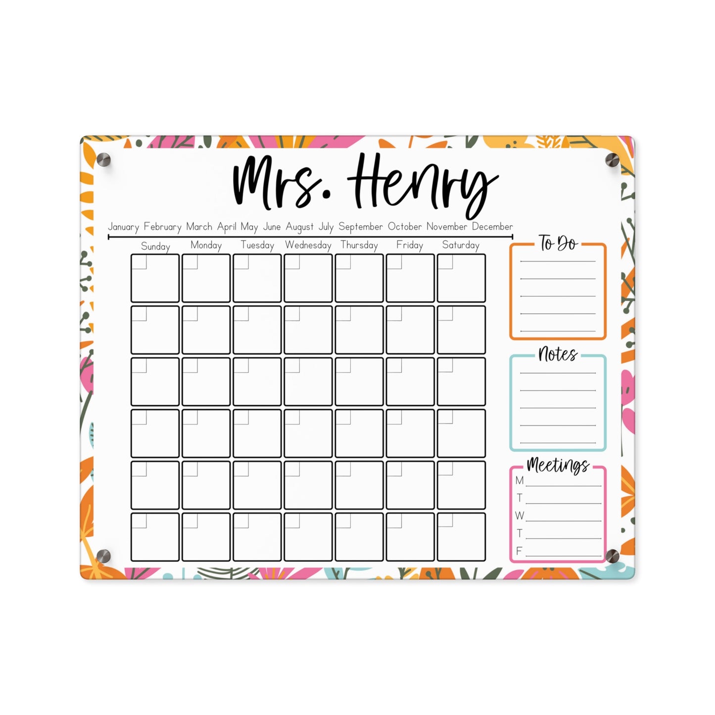 Bright Tropical Floral Custom Acrylic Wall Calendar (20 x 16)