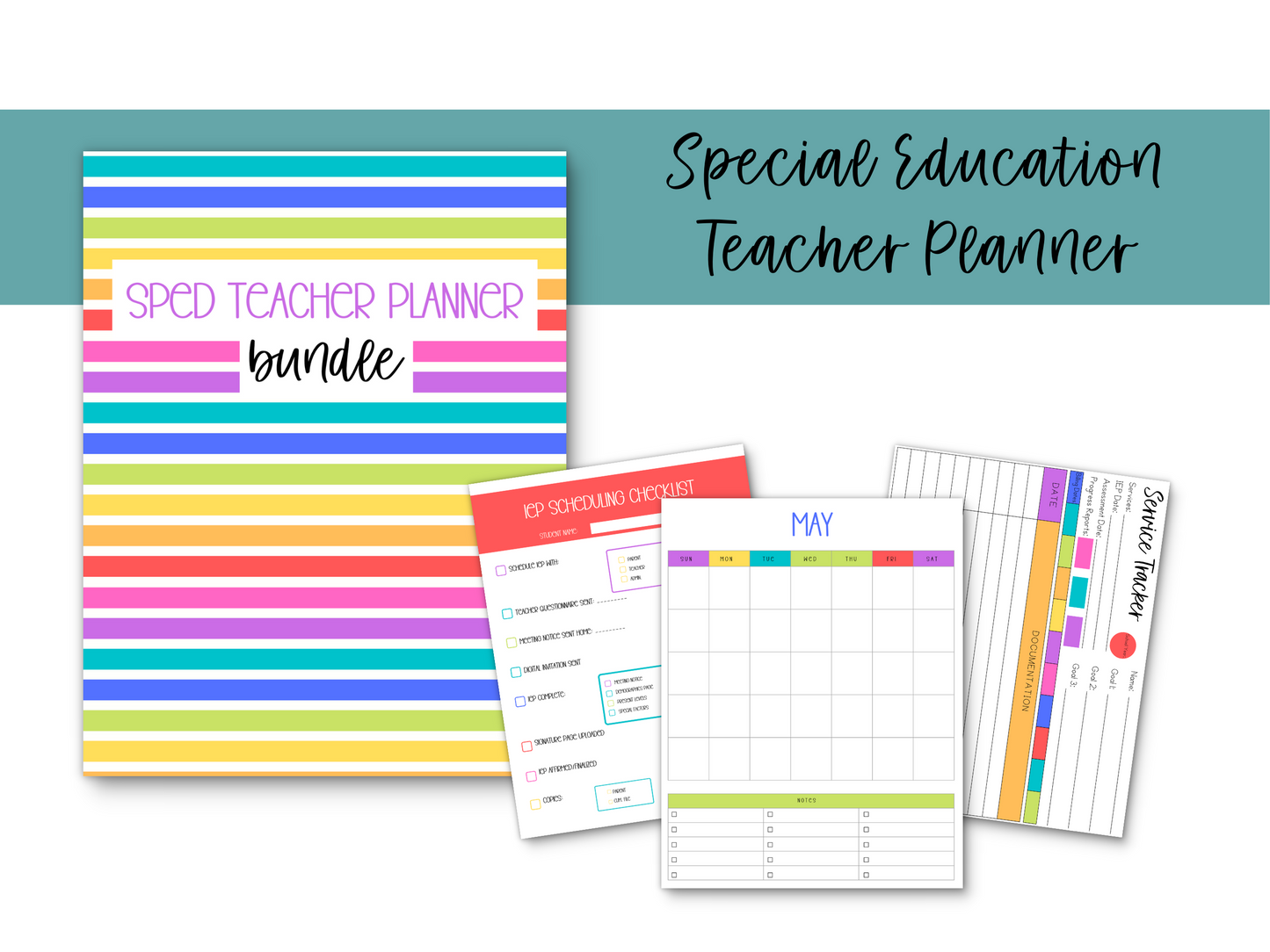 SpEd Teacher Printable Planner - Bright Rainbow Stripe Theme