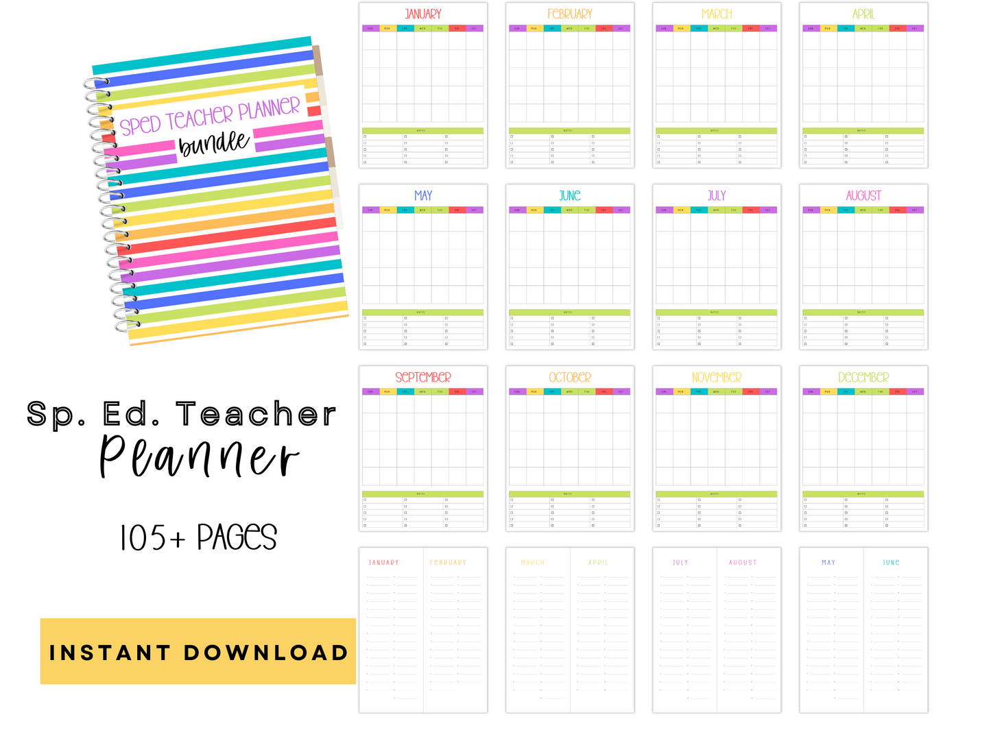 SpEd Teacher Printable Planner - Bright Rainbow Stripe Theme