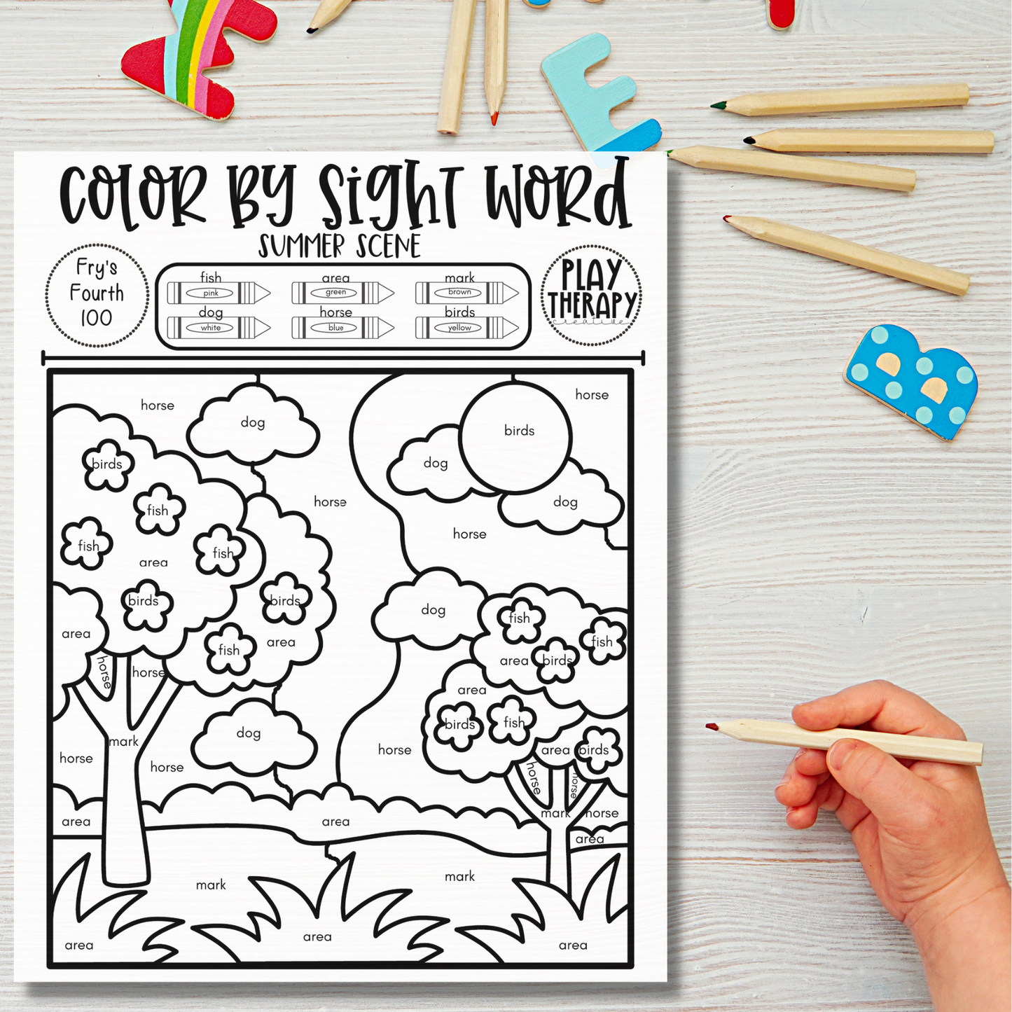 Fry's Fourth 100 Color-by-Sight-Word Coloring Page Practice Sheets - Summer Theme