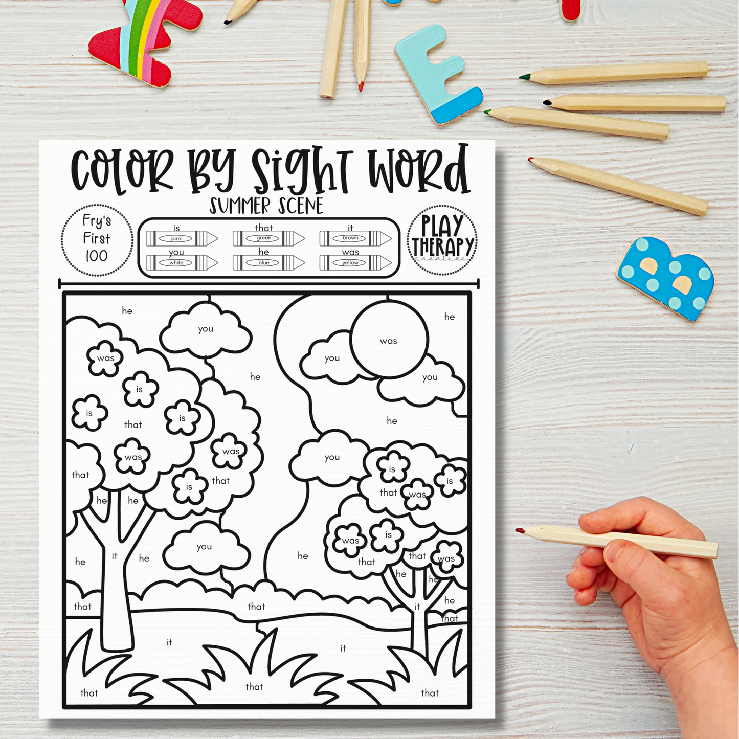 Fry's First 100 Color-by-Sight-Word Coloring Page Practice Sheets - Summer Theme