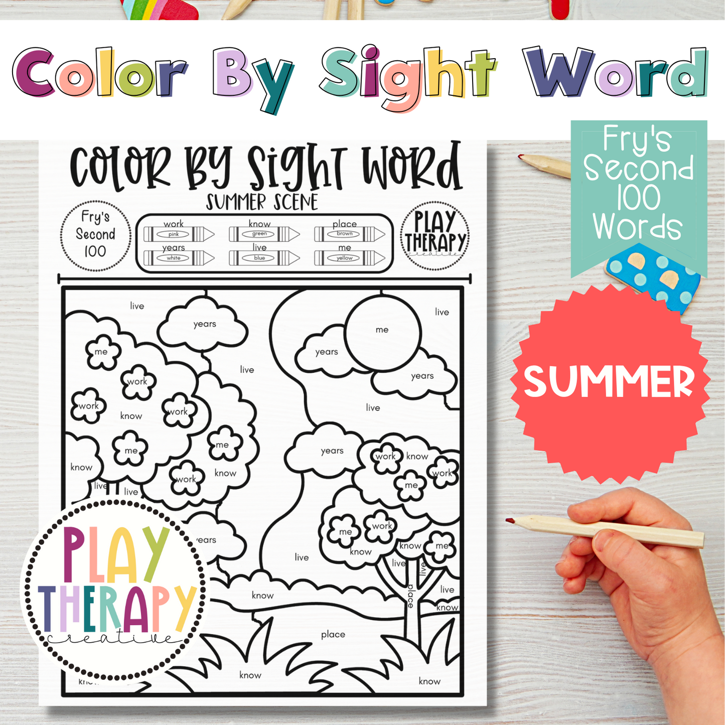 Fry's Second 100 Color-by-Sight-Word Coloring Page Practice Sheets - Summer Theme