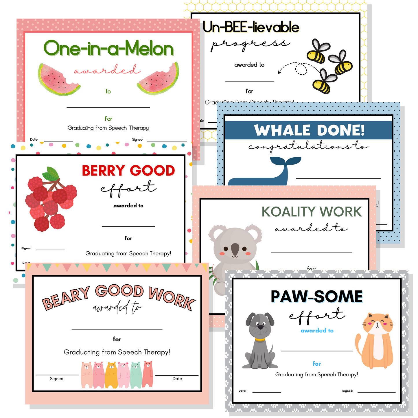 Set of 10 Speech Therapy Graduation Certificates