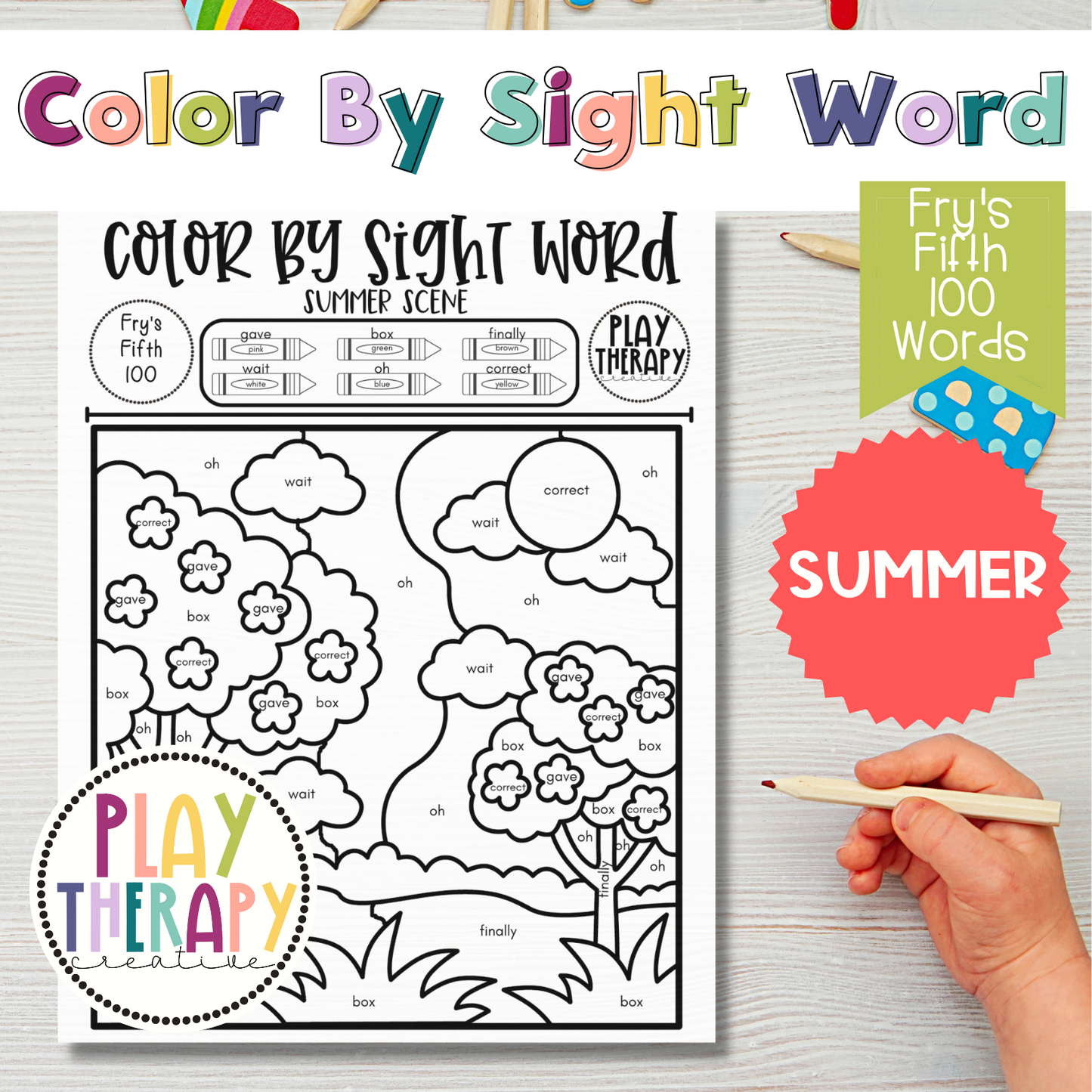 Fry's Fifth 100 Color-by-Sight-Word Coloring Page Practice Sheets - Summer Theme