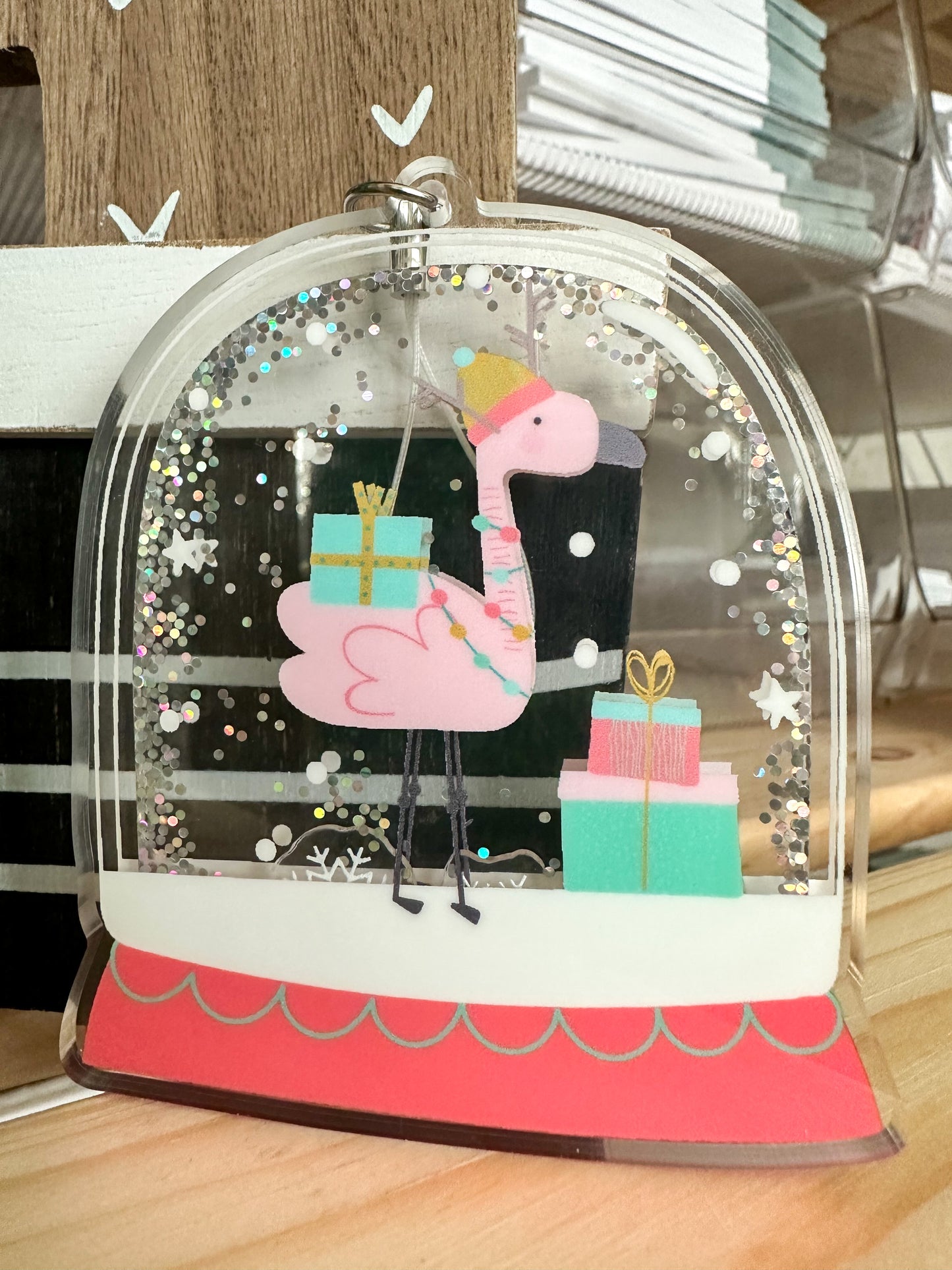 Flamingo Snow Globe Shaker Keychain