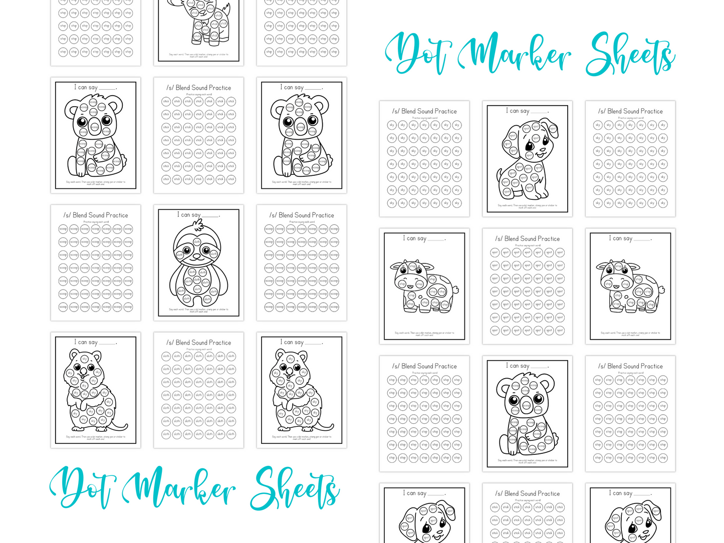 Dot Marker Speech Sound Practice Coloring Pages | /s/ Blend Sound Words