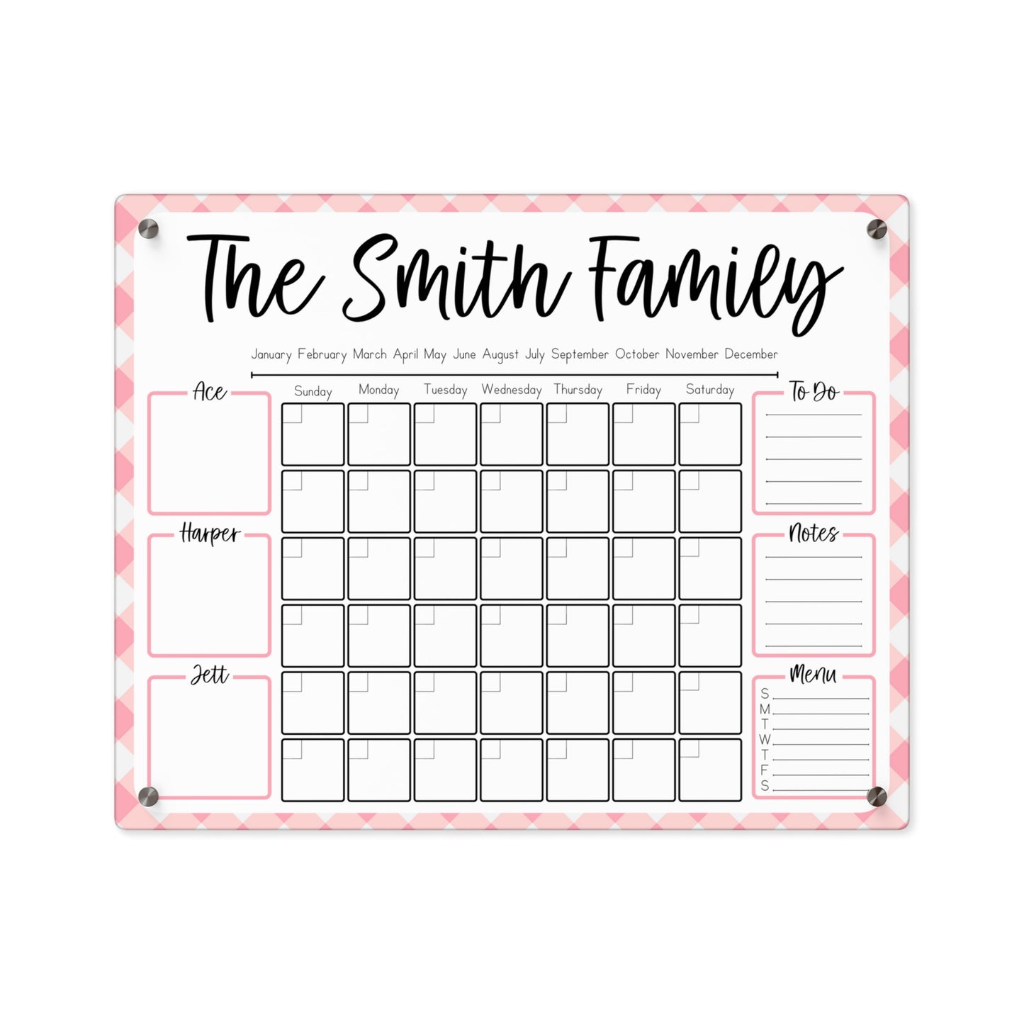 Blush Gingham Custom Acrylic Wall Calendar (20 x 16)