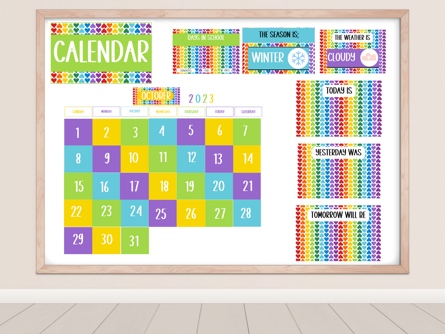 Rainbow Hearts Classroom Flip Calendar
