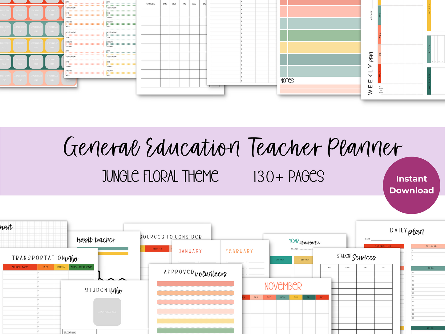 Gen Ed Teacher Printable Planner - Jungle Floral Theme