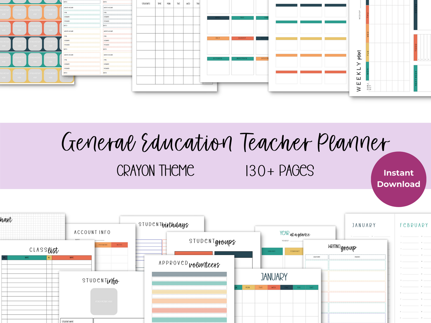 Gen Ed Teacher Printable Planner - Crayon Theme