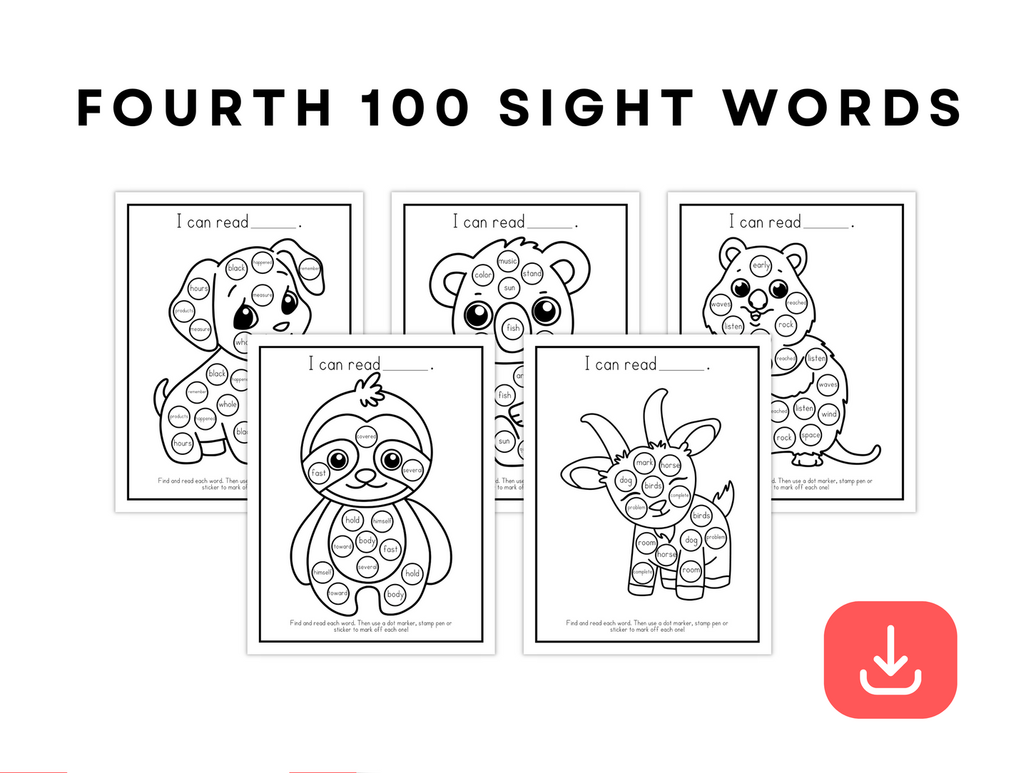 Dot Marker Reading Practice Coloring Pages | Fourth 100 Sight Words
