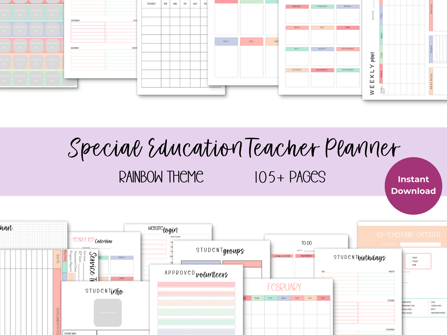 SpEd Teacher Printable Planner - Pastel Rainbow Theme