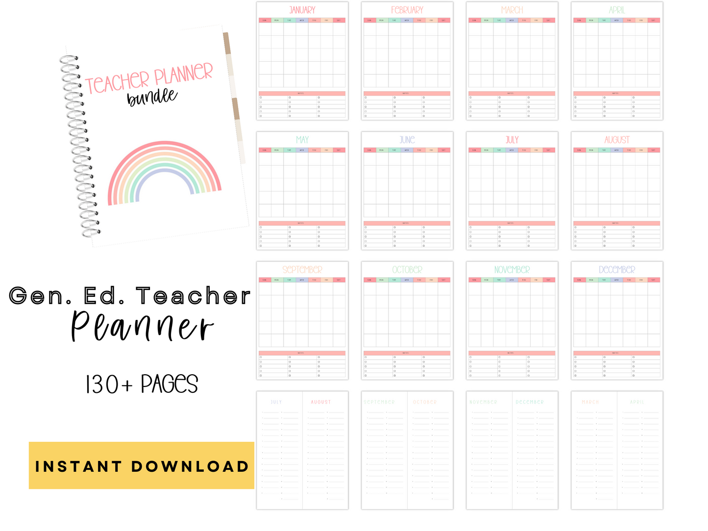 Gen Ed Teacher Printable Planner - Pastel Rainbow Theme