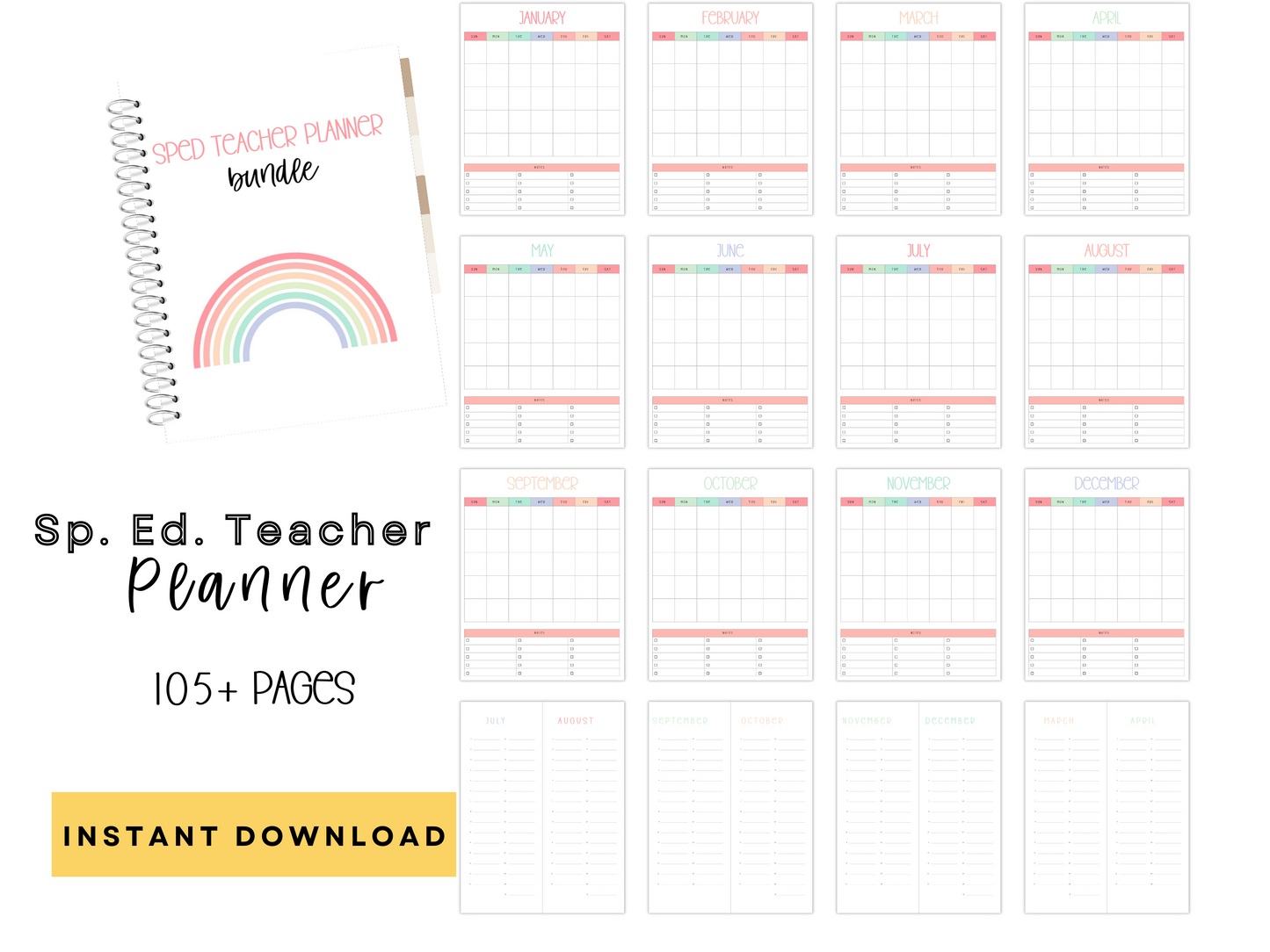 SpEd Teacher Printable Planner - Pastel Rainbow Theme