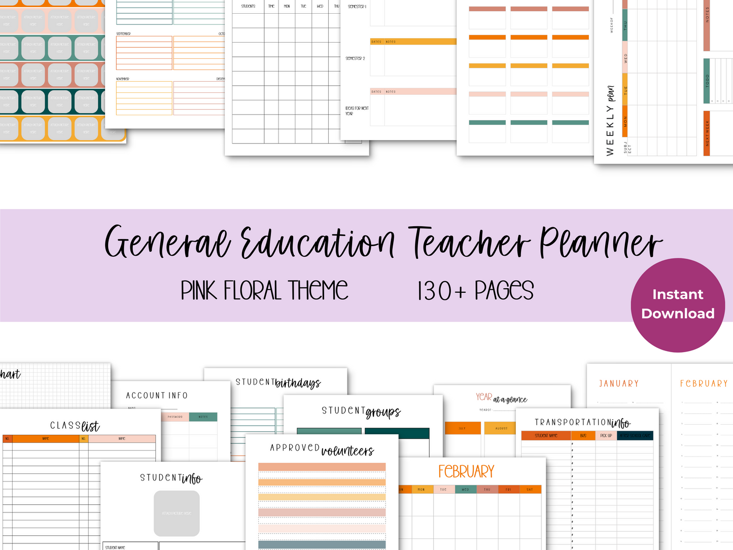 Gen Ed Teacher Printable Planner - Pink Floral Theme