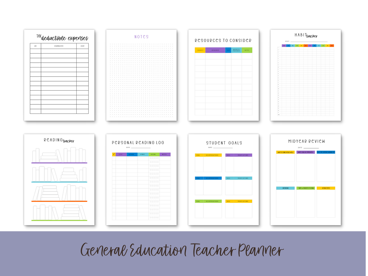 Gen Ed Teacher Printable Planner - Bright Rainbow Stripe Theme