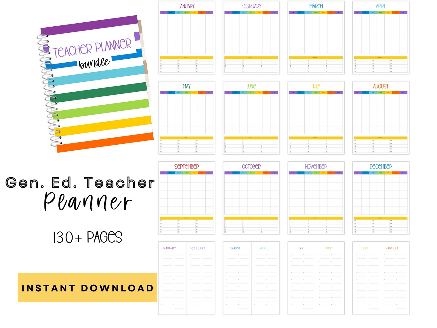 Gen Ed Teacher Printable Planner - Bright Rainbow Stripe Theme