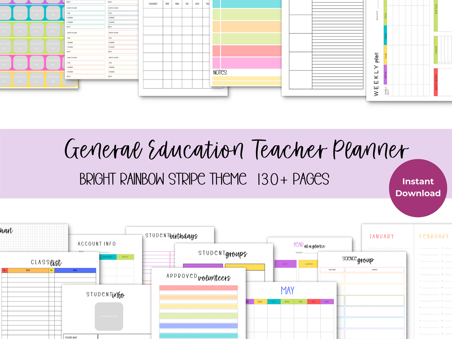 Gen Ed Teacher Printable Planner - Bright Rainbow Stripe Theme