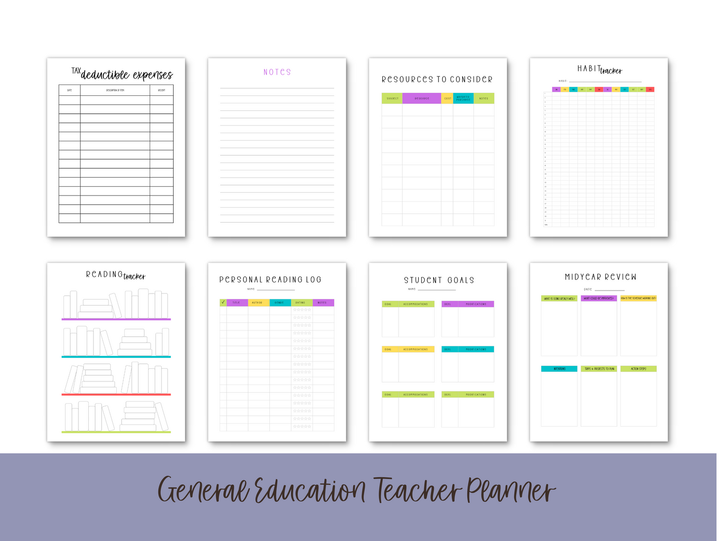 Gen Ed Teacher Printable Planner - Bright Rainbow Stripe Theme