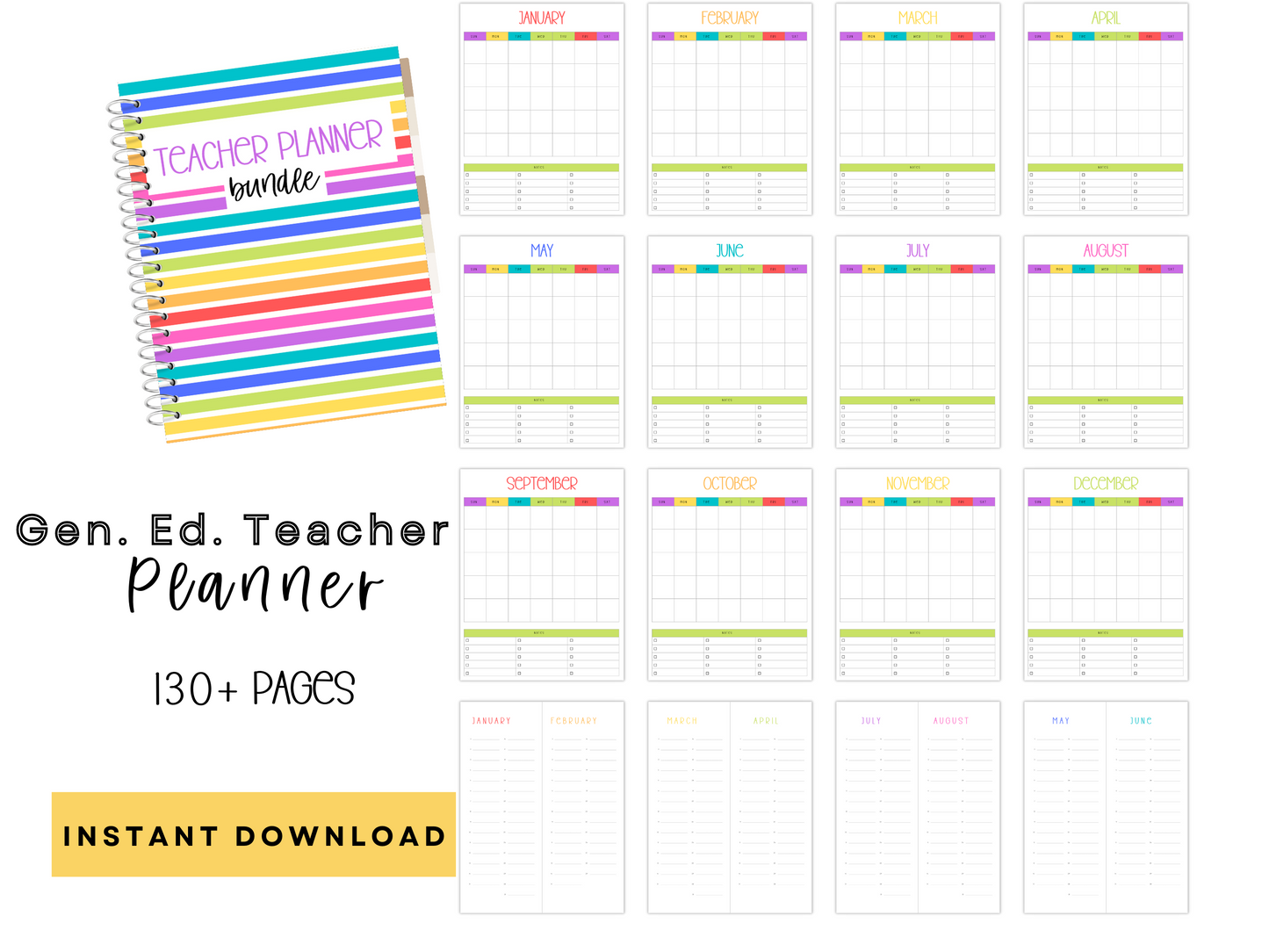 Gen Ed Teacher Printable Planner - Bright Rainbow Stripe Theme