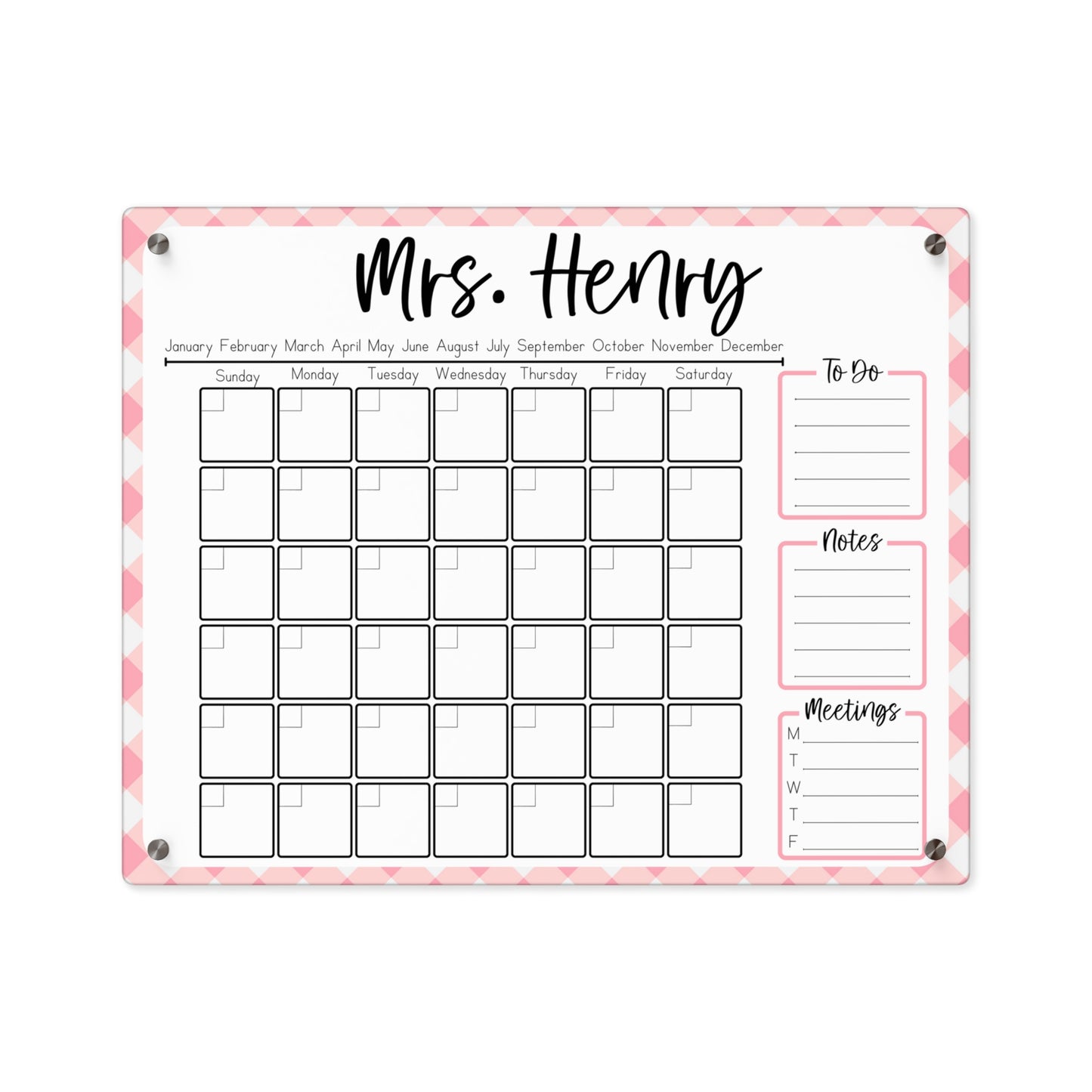 Blush Gingham Custom Acrylic Wall Calendar (20 x 16)