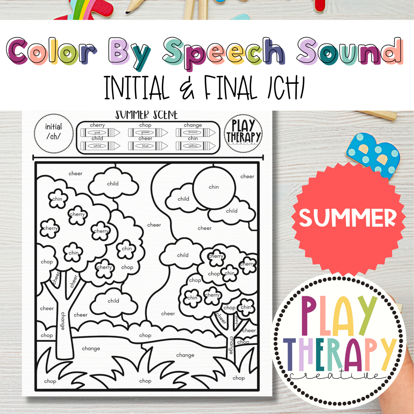 /ch/ Sound Summer Themed Color-by-Speech-Sounds for Speech Therapy