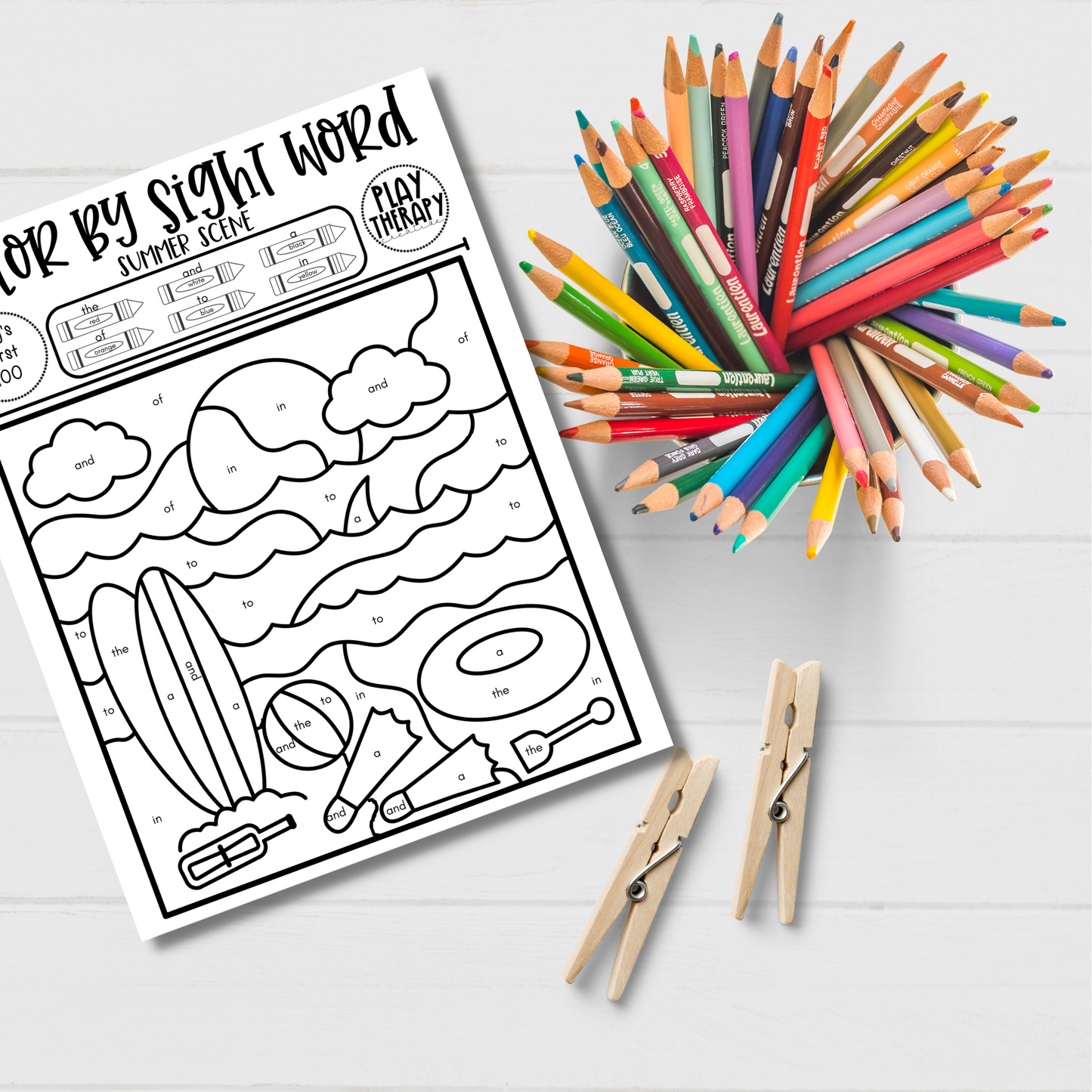 Fry's First 100 Color-by-Sight-Word Coloring Page Practice Sheets - Summer Theme
