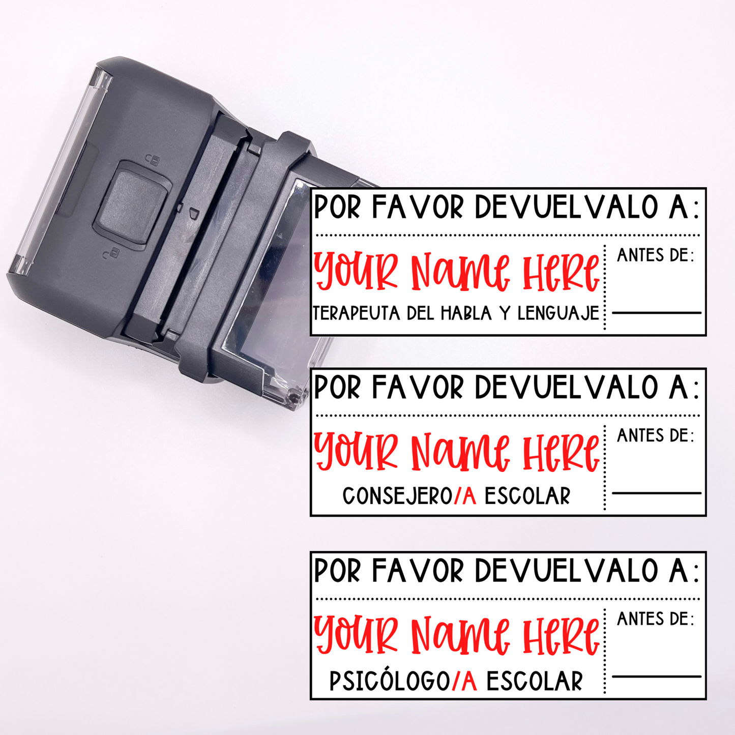 Custom "Por Favor Devuelvalo A" Name, Title & Return Date Self-Inking Stamp (SPANISH VERSION)