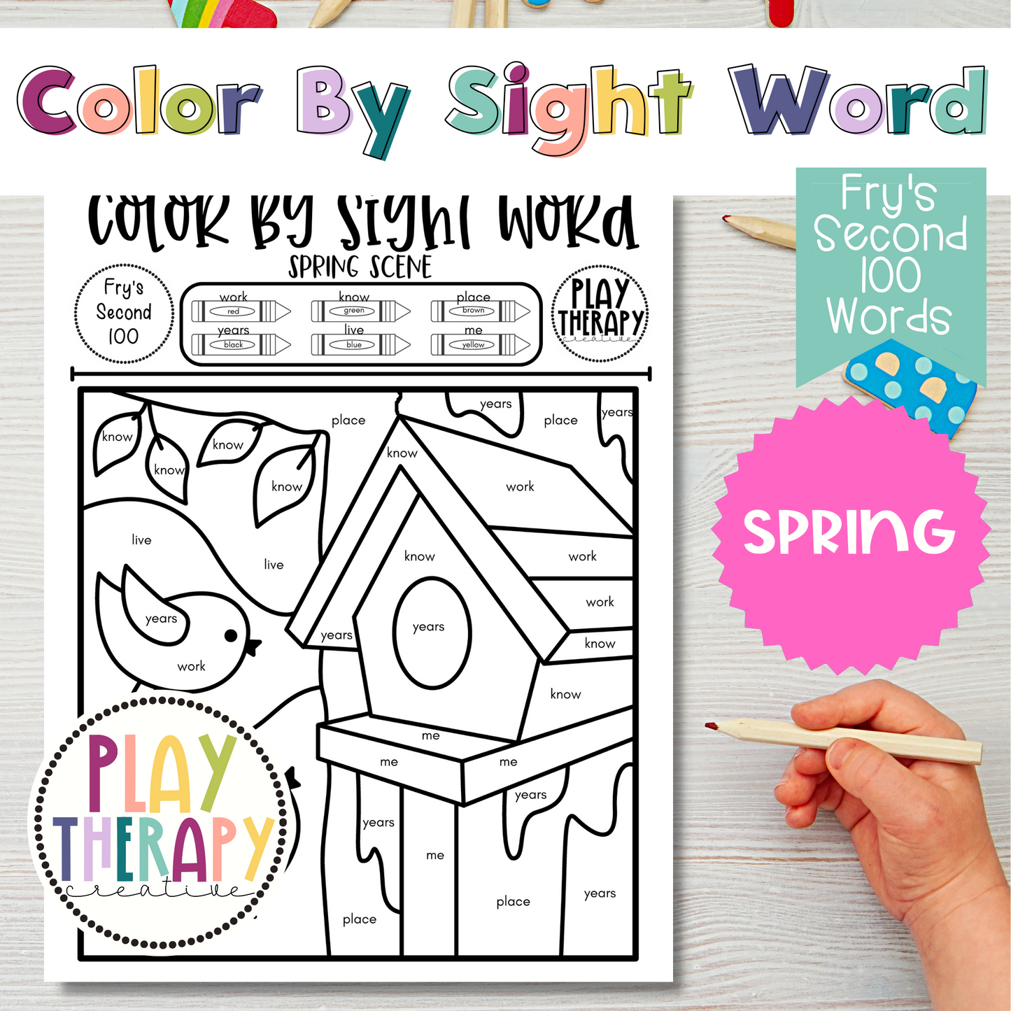 Fry's Second 100 Color-by-Sight-Word Coloring Page Practice Sheets - Spring Theme