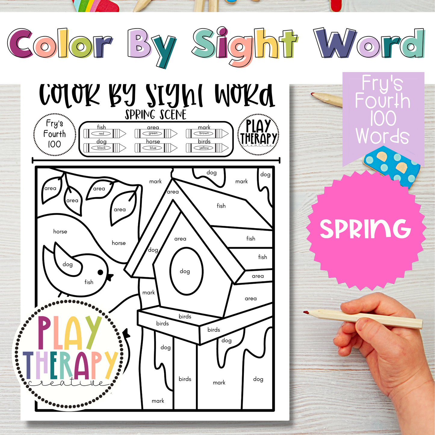 Fry's Fourth 100 Color-by-Sight-Word Coloring Page Practice Sheets - Spring Theme