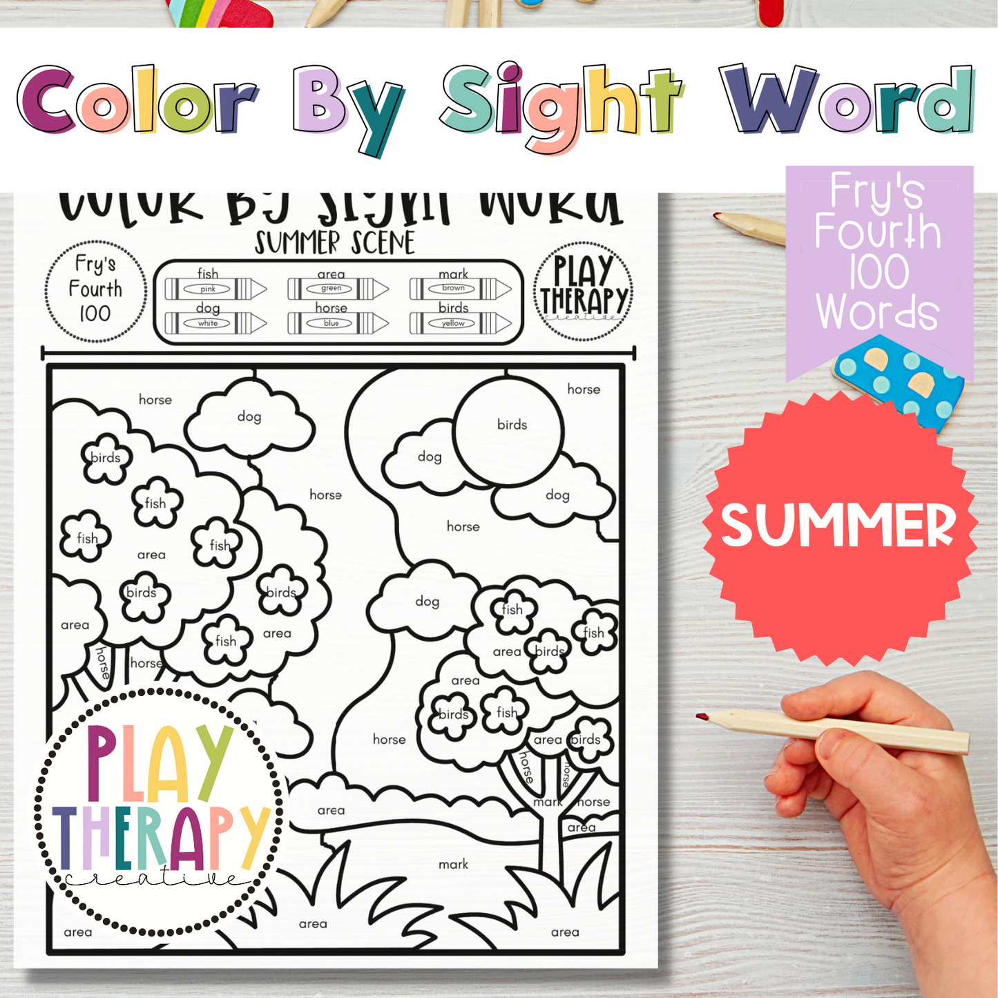 Fry's Fourth 100 Color-by-Sight-Word Coloring Page Practice Sheets - Summer Theme