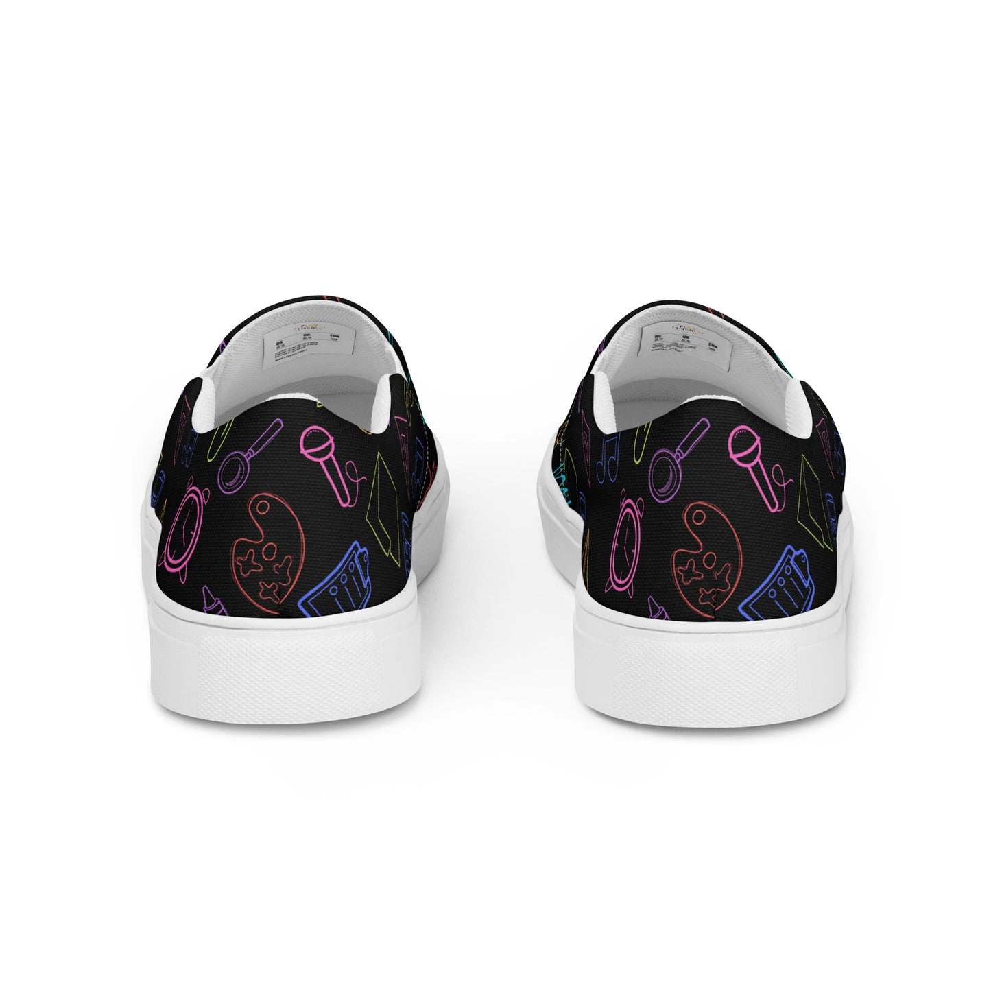 Bright Rainbow on Black Elementary Doodles Slip-on Canvas Shoes (Women's Sizes)