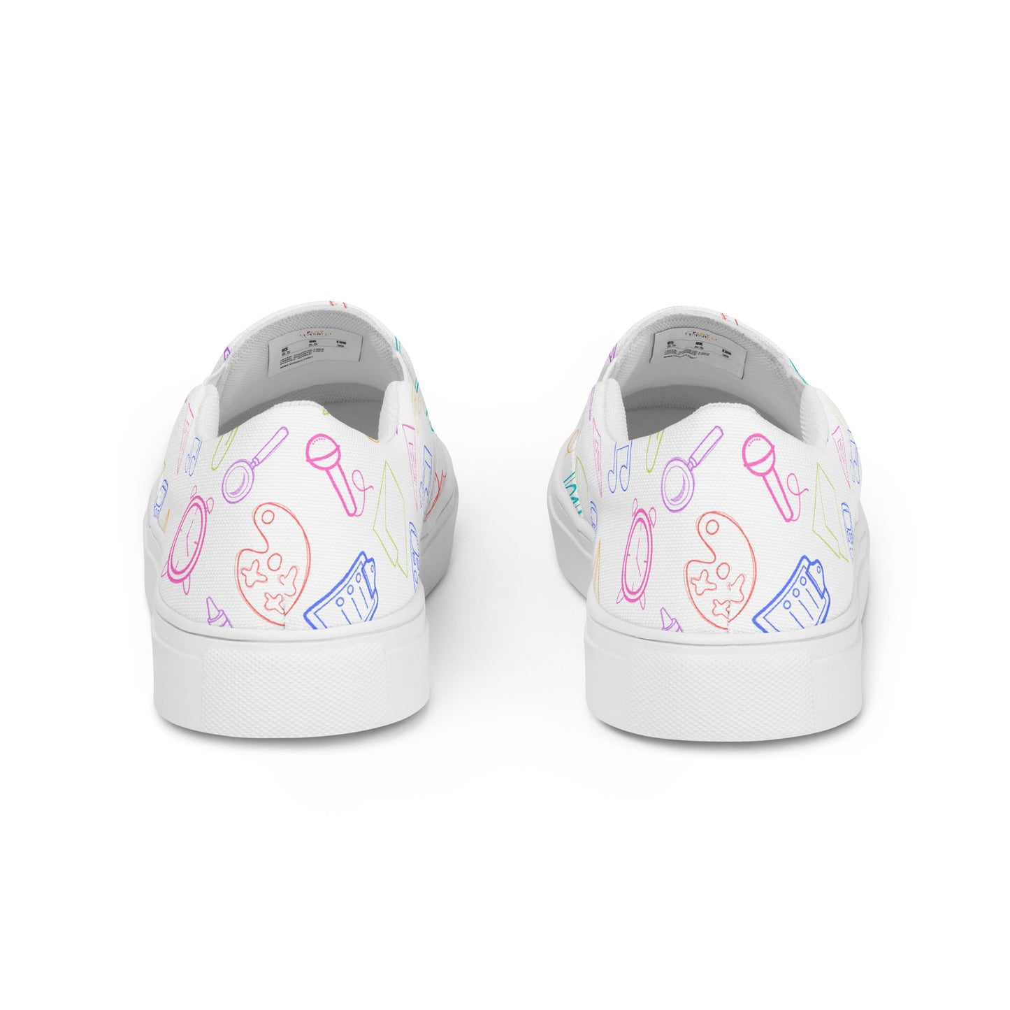 Bright Rainbow on White Elementary Doodles Slip-on Canvas Shoes (Women's Sizes)