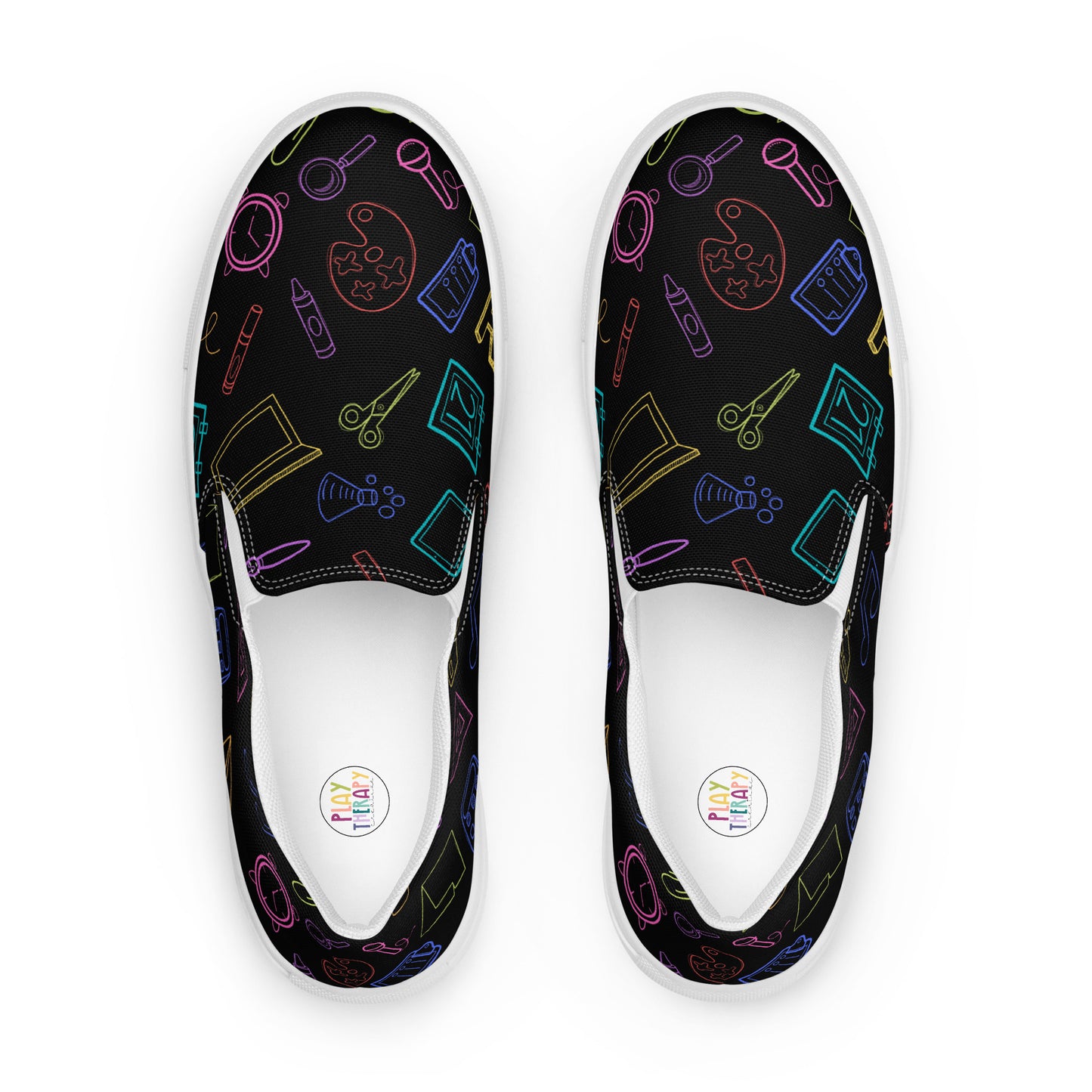 Bright Rainbow on Black Elementary Doodles Slip-on Canvas Shoes (Women's Sizes)