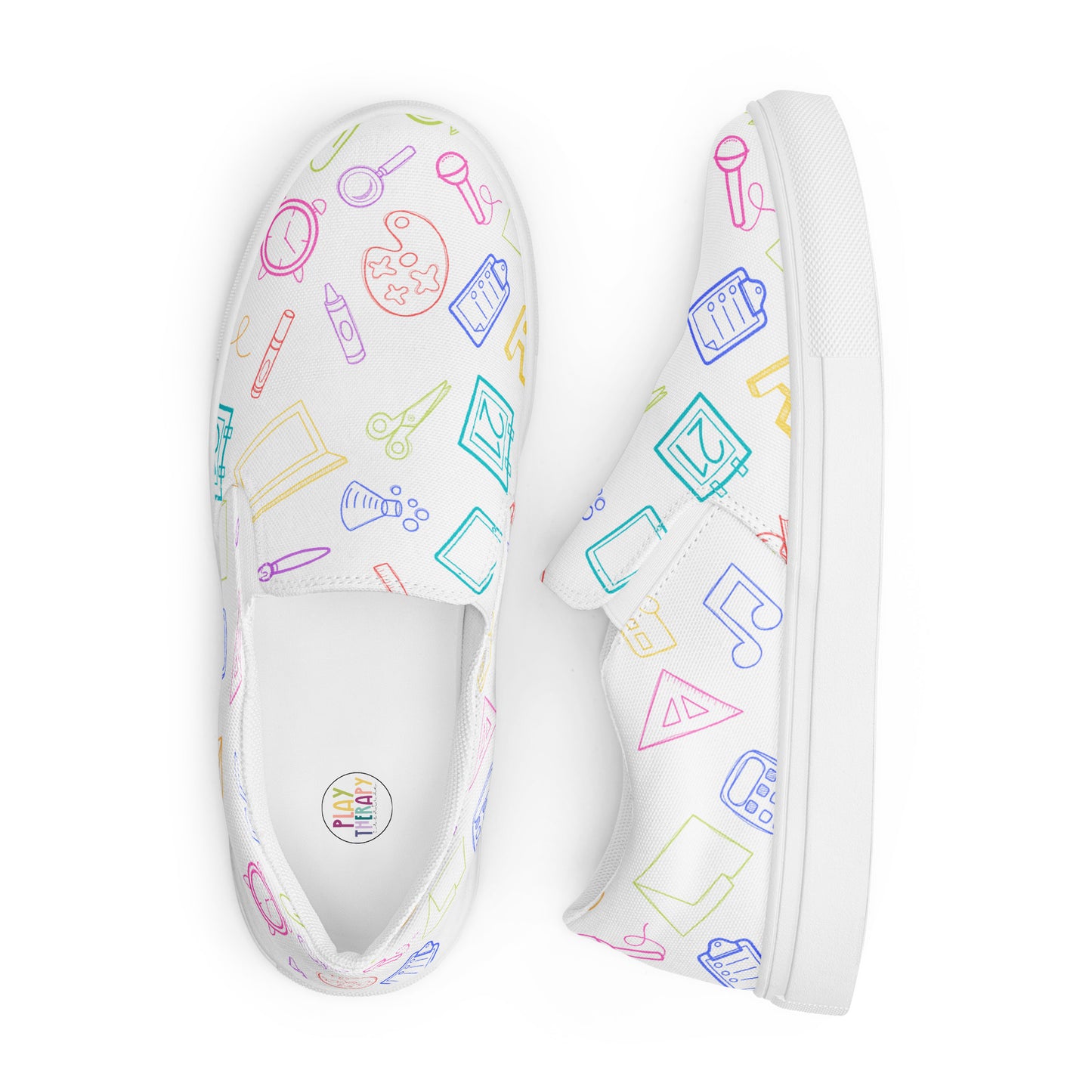 Bright Rainbow on White Elementary Doodles Slip-on Canvas Shoes (Women's Sizes)