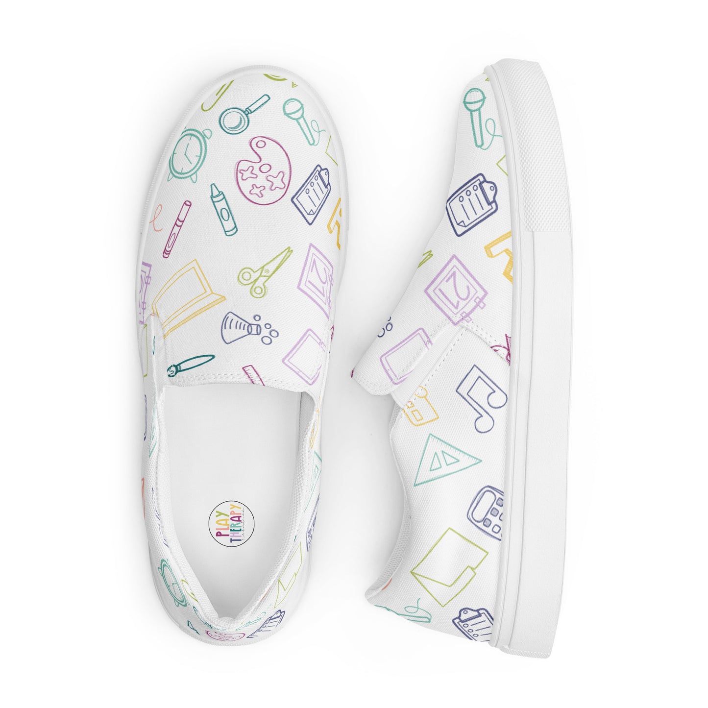 Muted Rainbow on White Elementary Doodles Slip-on Canvas Shoes (Women's Sizes)