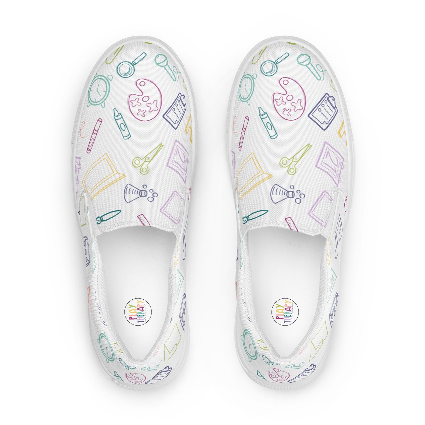 Muted Rainbow on White Elementary Doodles Slip-on Canvas Shoes (Women's Sizes)